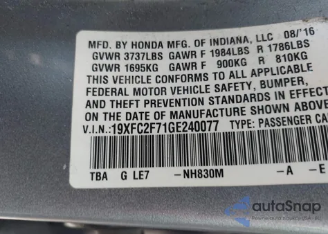 2016 Honda Civic Ex из США, поврежденный, VIN 19XFC2F71GE240077